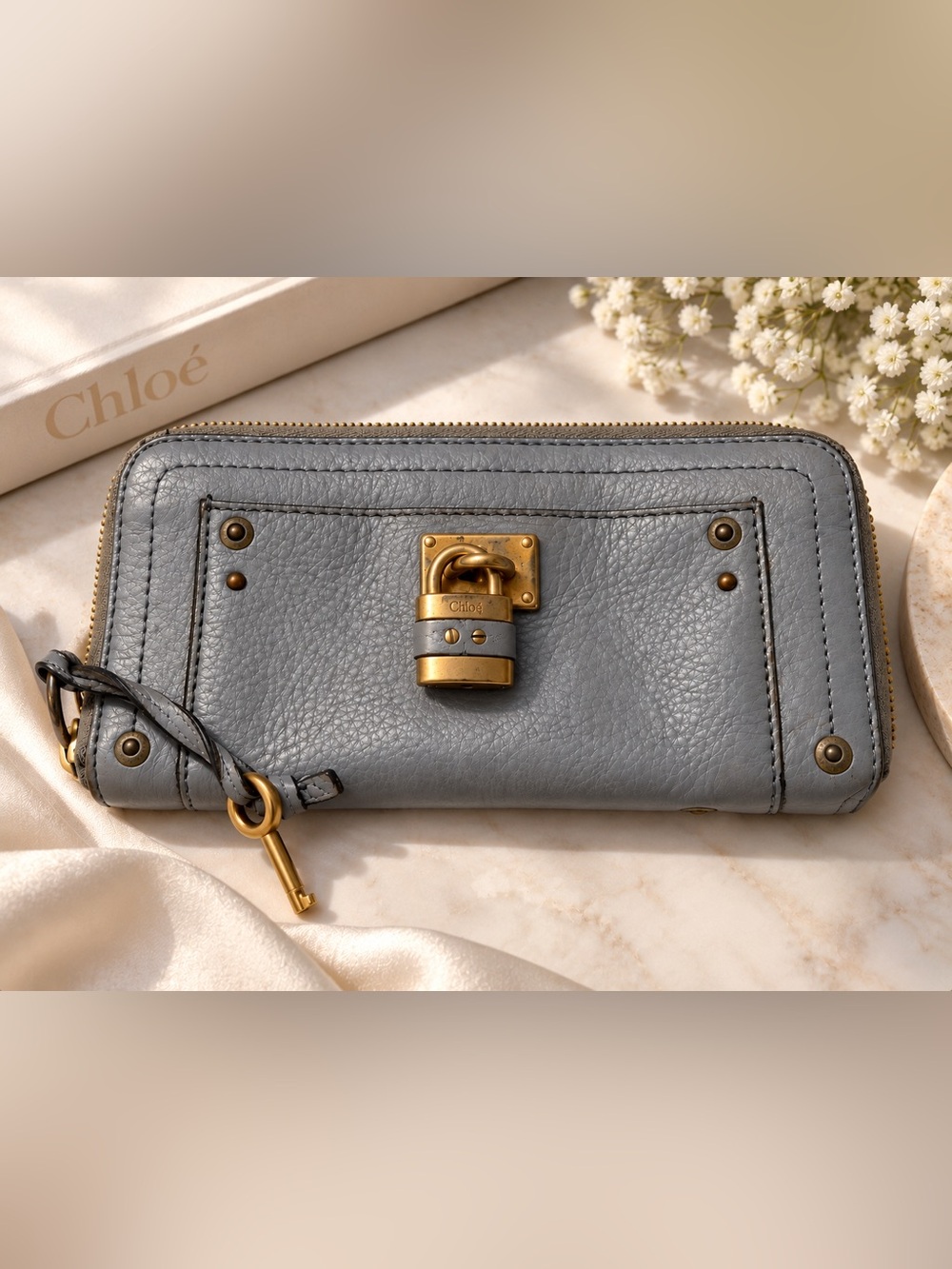 Chloé Paddington Gray Leather Zip Around Wallet with Padlock & Key
